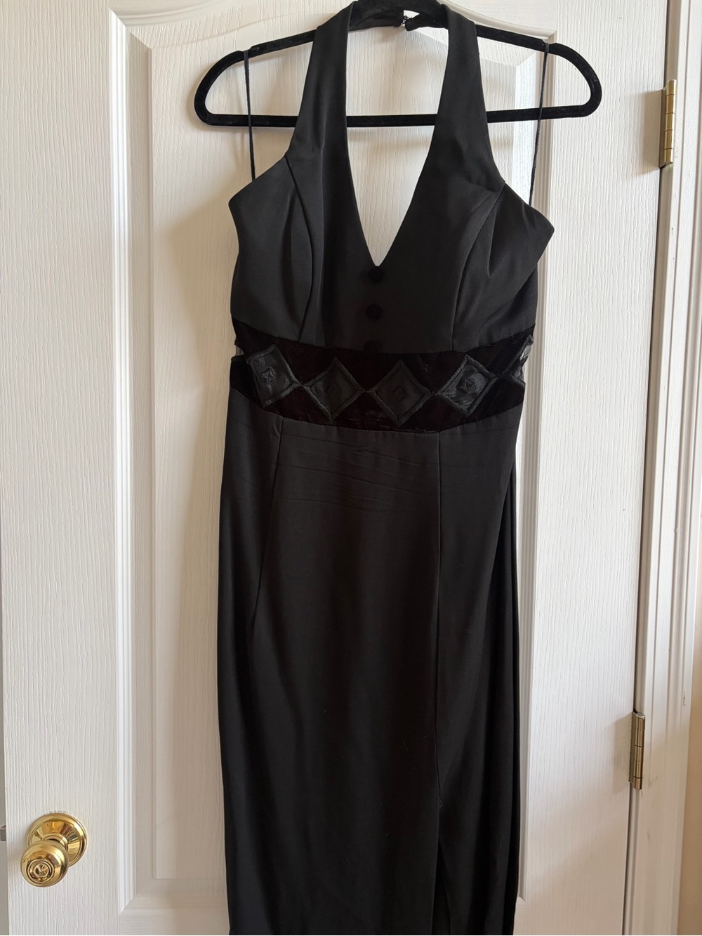 Dave & Johnny Black Halter Evening Gown with Velvet Diamond Waistband